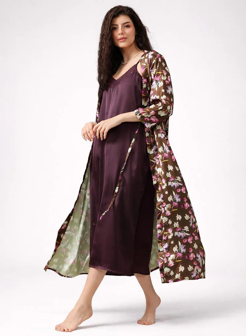 كلوفيا Long Nighty & Robe Set in Wine Colour - Satin